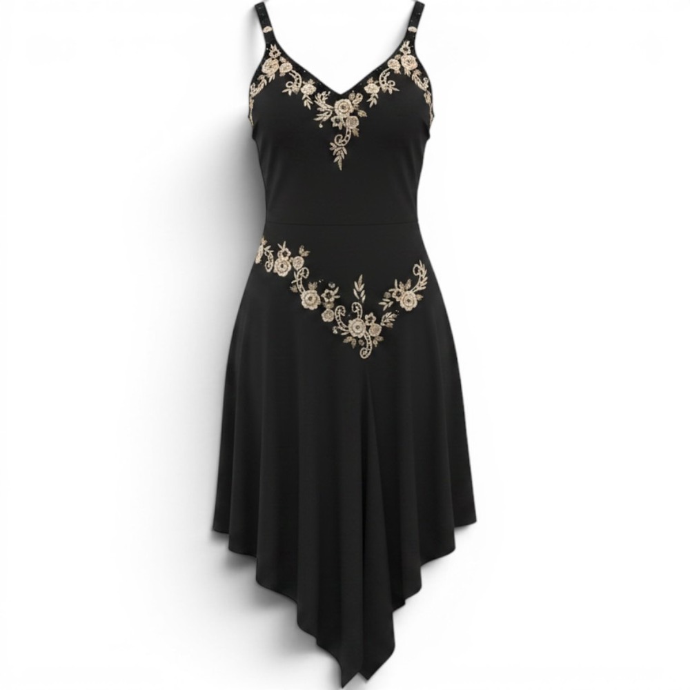 R&M Richards Midi Dress Womens 16 Black Gold Floral Embroidered Handkerchief Hem